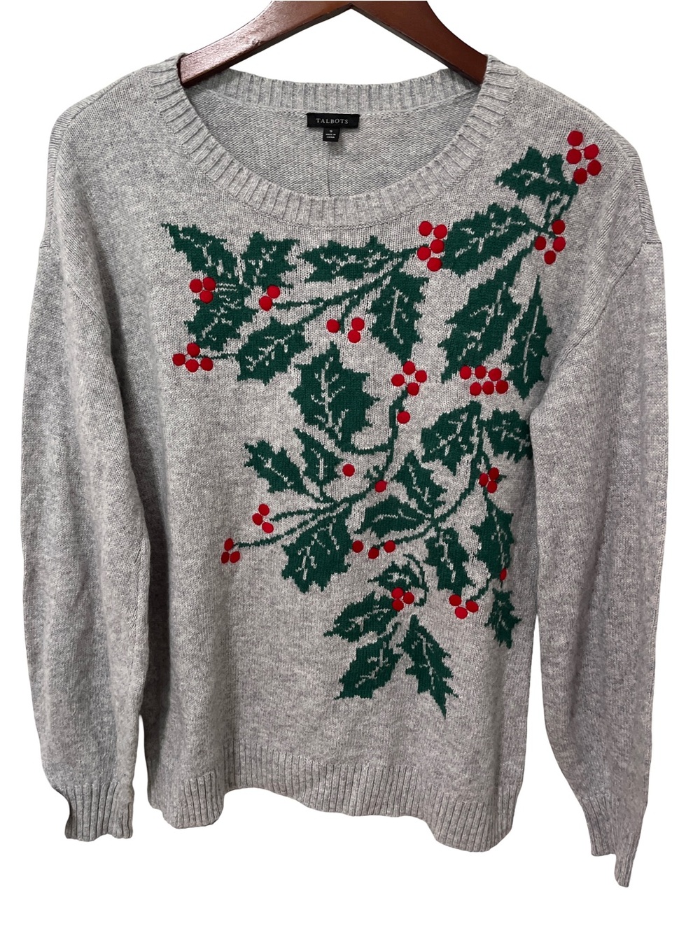 Talbots Women’s Small Gray Embroidered Berry Leaf Sweater NWT Floral Crewneck